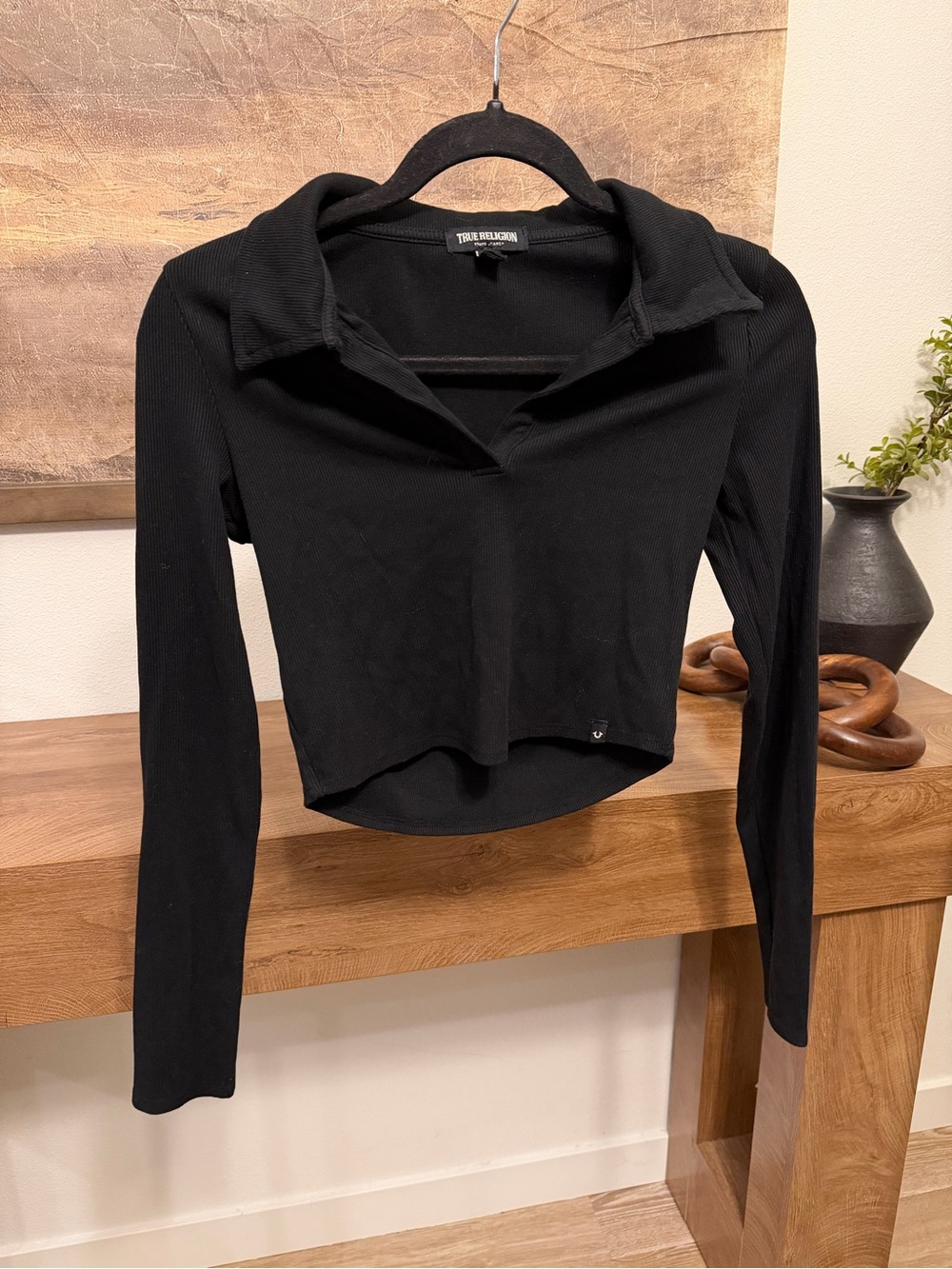 True Religion black long sleeve collared crop top in size M